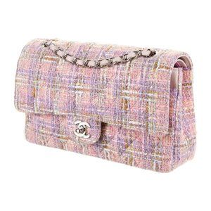 Medium Chanel Classic Double Flap Bag Light Pastel Pink Tweed Leather Interior